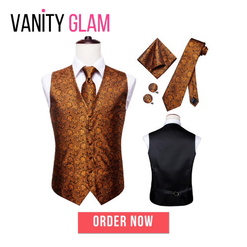 100% Silk Men's Waistcoat – Vintage Brown Paisley Formal Vest Vanity Gam