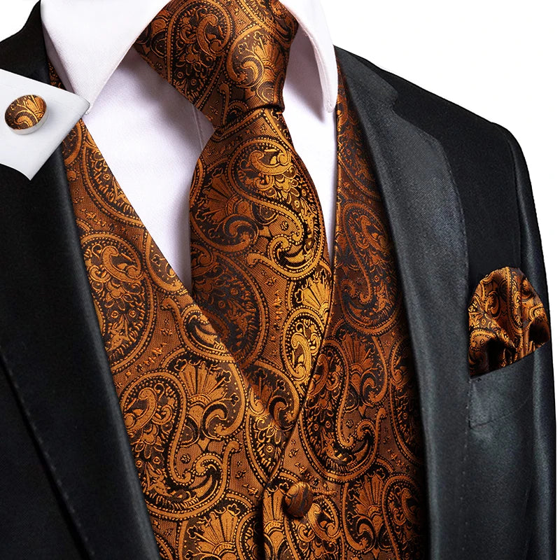 100% Silk Men's Waistcoat – Vintage Brown Paisley Formal Vest a