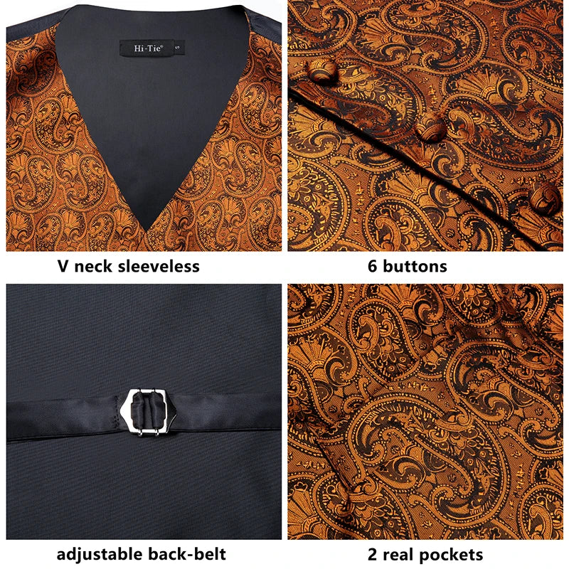 100% Silk Men's Waistcoat – Vintage Brown Paisley Formal Vest c