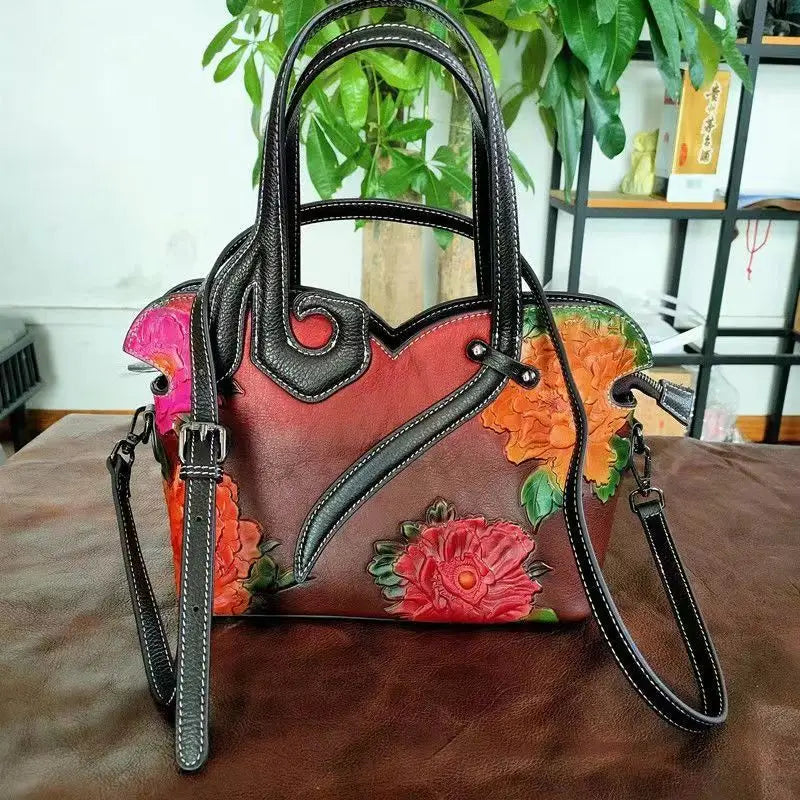 Vintage Genuine Leather Floral Tote Bags