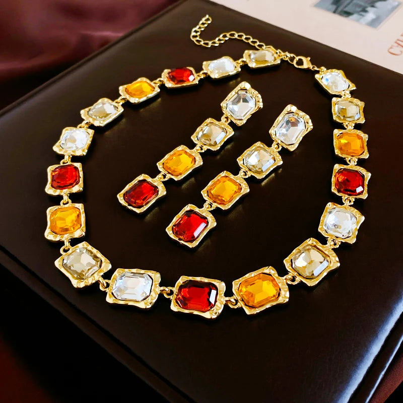Elegant Rhinestone Geometric Necklace & Earring Set – Vintage Maillard Statement Jewelry for Women