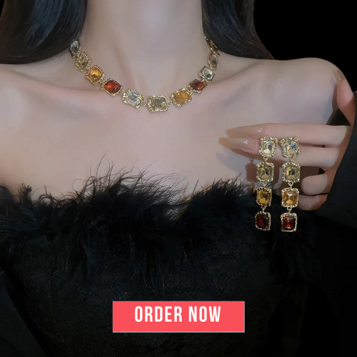 Elegant Rhinestone Geometric Necklace & Earring Set – Vintage Maillard Statement Jewelry for Women model