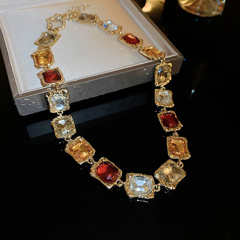 Elegant Rhinestone Geometric Necklace & Earring Set – Vintage Maillard Statement Jewelry for Women necklace