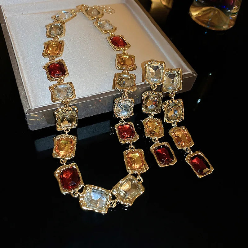 Elegant Rhinestone Geometric Necklace & Earring Set – Vintage Maillard Statement Jewelry for Women set