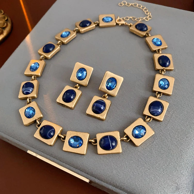 Vintage Square Rhinestone Jewelry Set – Earrings & Necklace for Brides