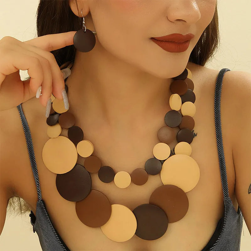 Vintage Two-Layer Wooden Bead Necklace & Earring Set