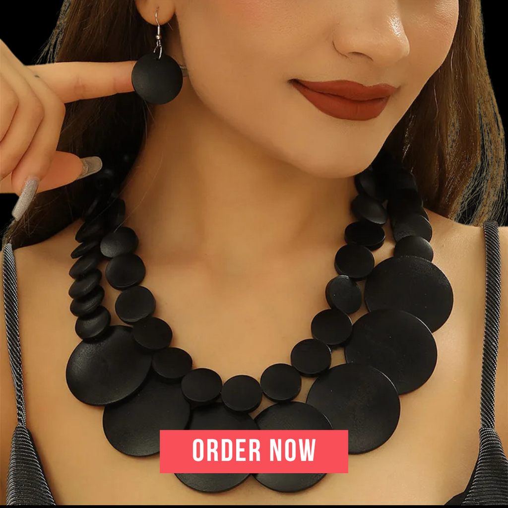 Vintage Two-Layer Wooden Bead Necklace & Earring Set Vanity Glam