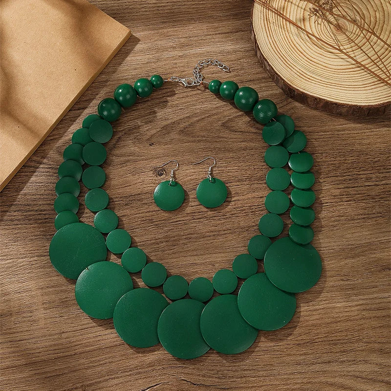 Vintage Two-Layer Wooden Bead Necklace & Earring Set b