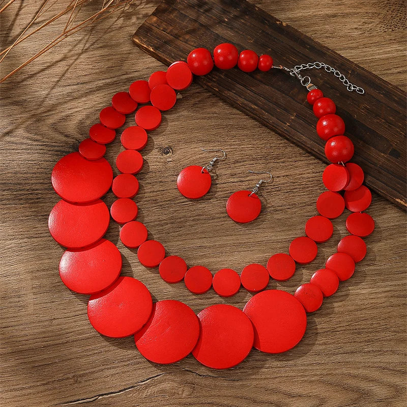 Vintage Two-Layer Wooden Bead Necklace & Earring Set c