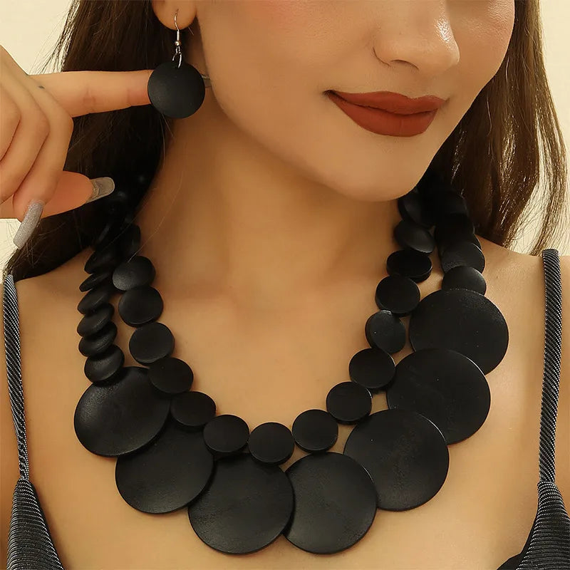 Vintage Two-Layer Wooden Bead Necklace & Earring Set d
