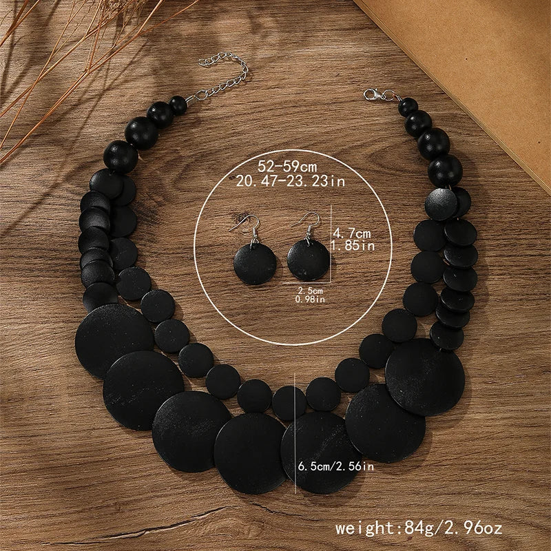 Vintage Two-Layer Wooden Bead Necklace & Earring Set e