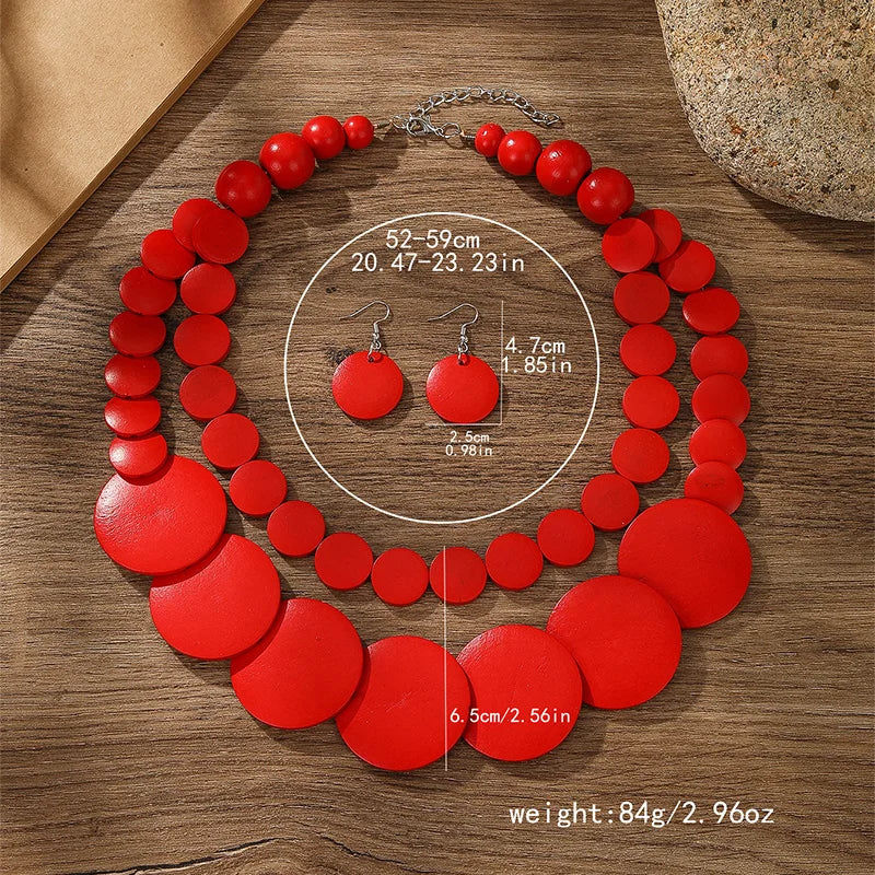 Vintage Two-Layer Wooden Bead Necklace & Earring Set f