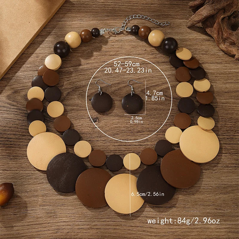 Vintage Two-Layer Wooden Bead Necklace & Earring Set g
