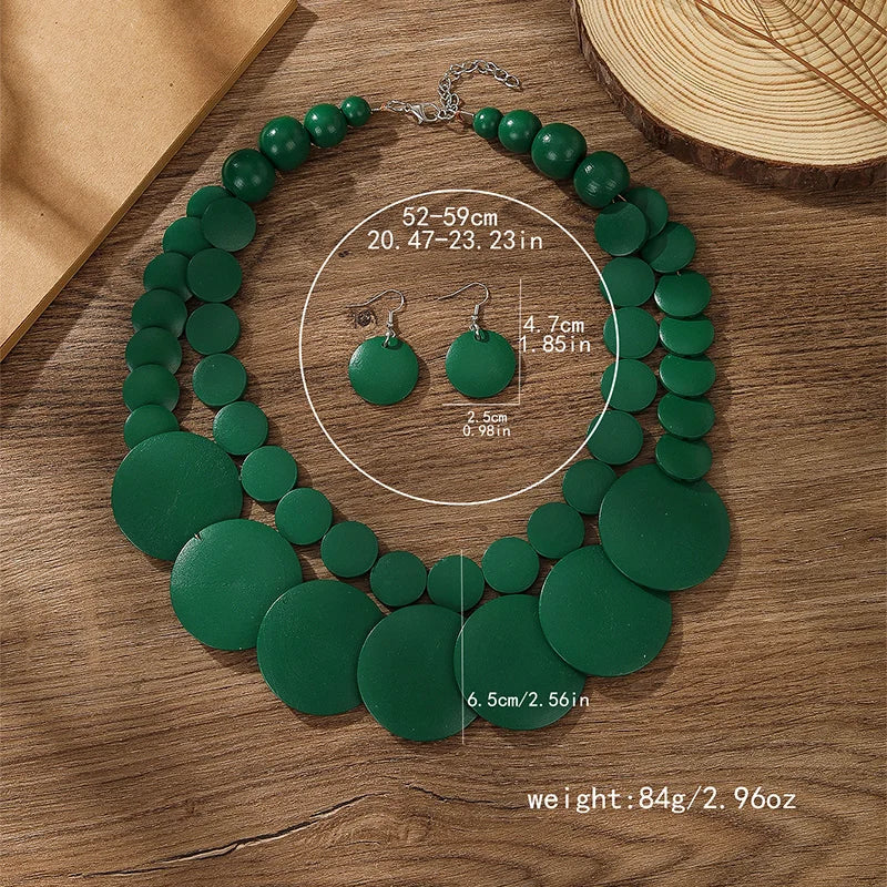 Vintage Two-Layer Wooden Bead Necklace & Earring Set h