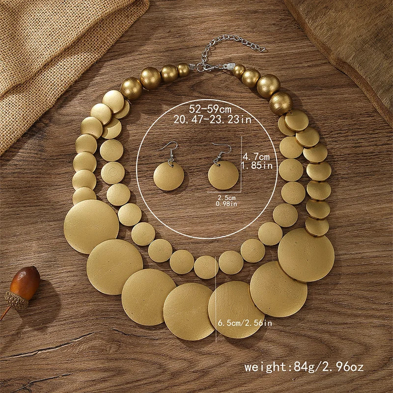 Vintage Two-Layer Wooden Bead Necklace & Earring Set i