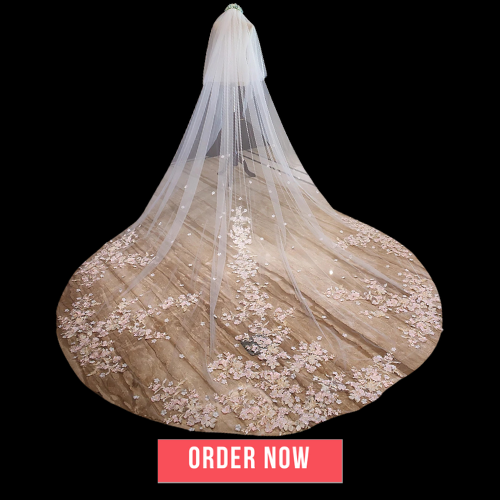 White Ivory Two Layer Lace Pink Flowers Design Wedding Veil 