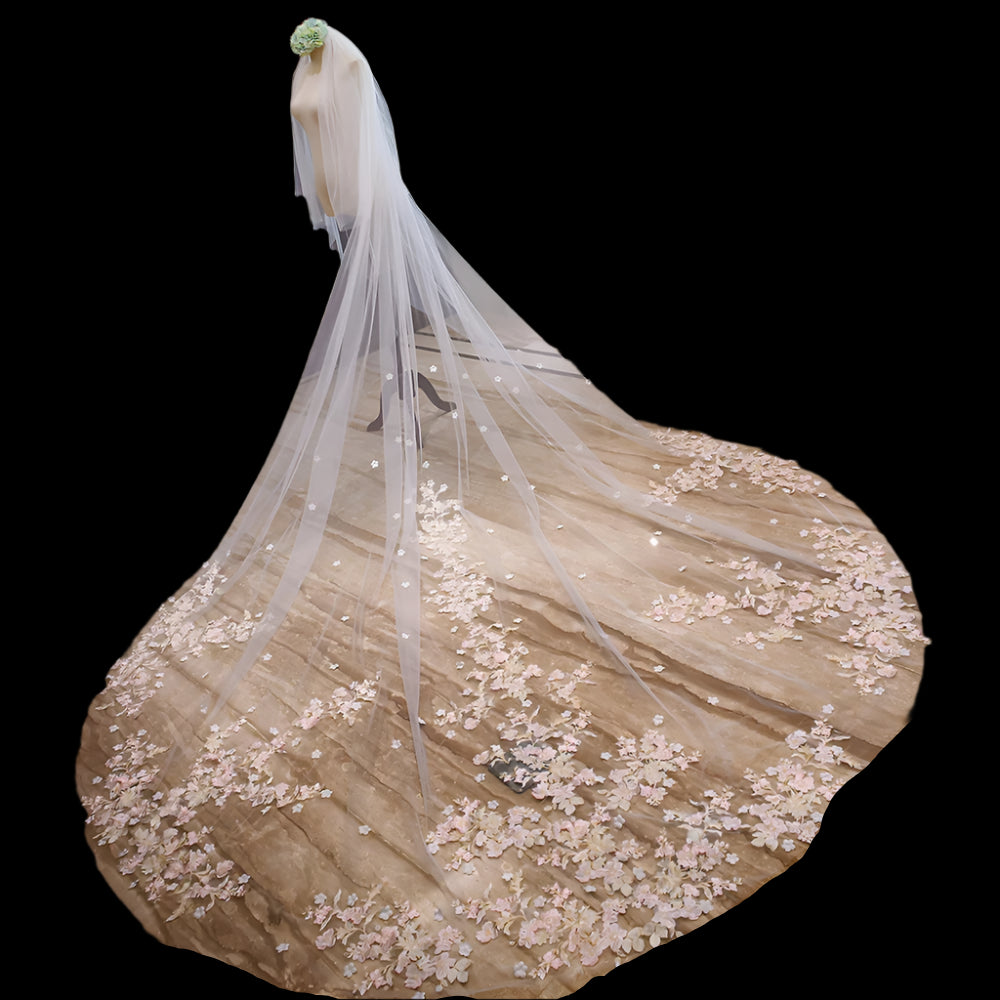 White Ivory Two Layer Lace Pink Flowers Design Wedding Veil