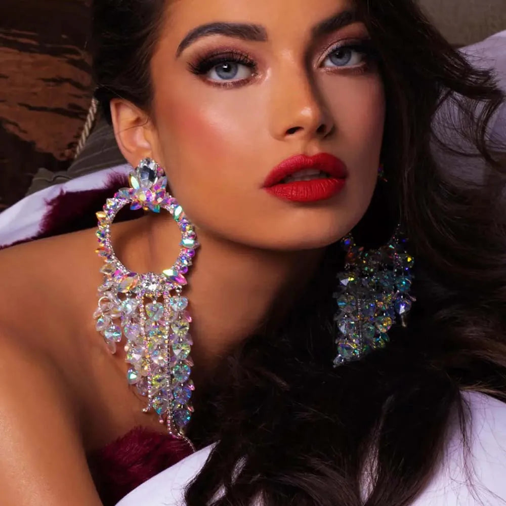 Women Large Rhinestone Heart Hoop Earrings