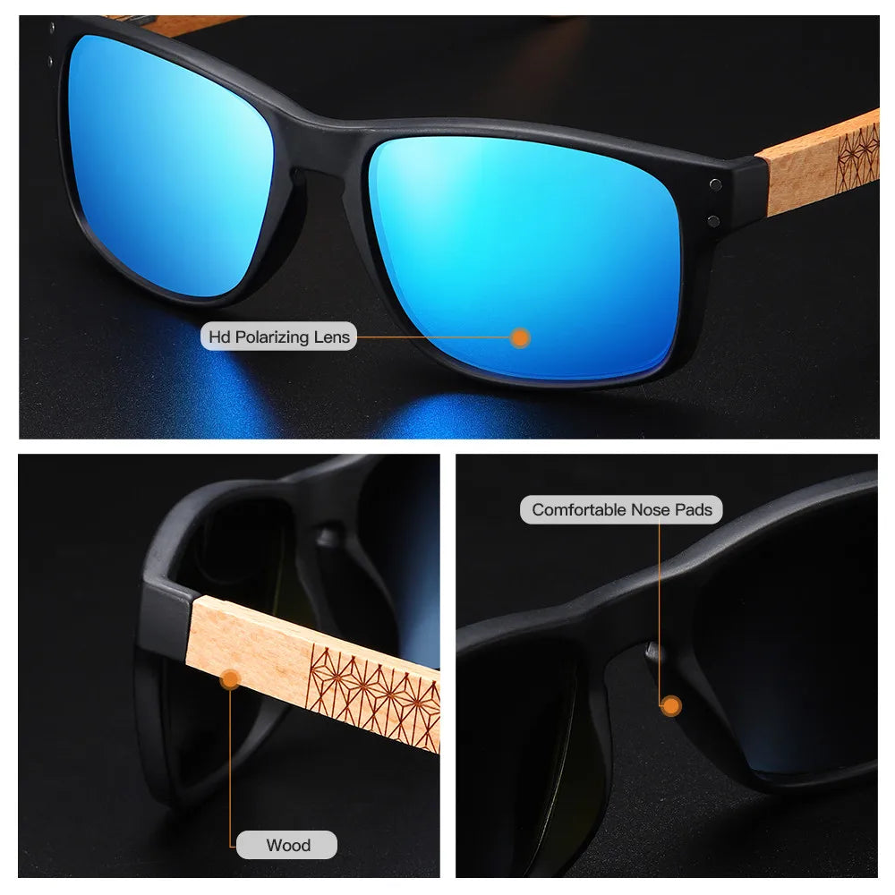 Beech wood handmade polarized sunglasses for men with UV400 lenses and reinforced metal hinges for outdoor driving and everyday wear.