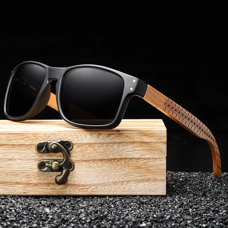 Beech wood handmade polarized sunglasses for men with UV400 lenses and reinforced metal hinges for outdoor driving and everyday wear.