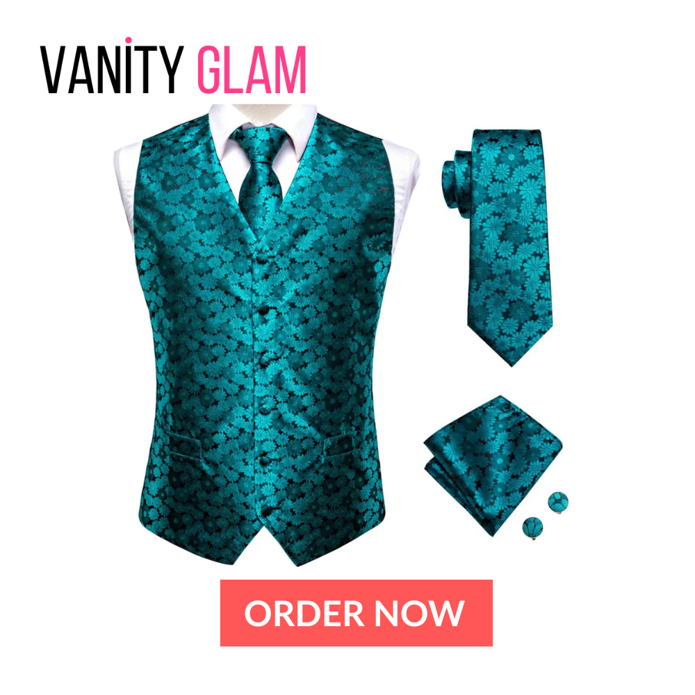 Teal patterned vest set with tie, pocket square, and cufflinks on a white background with 'Vanity Glam' branding.