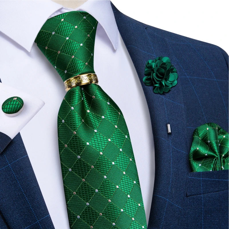 Green Plaid Silk Tie Set with Pocket Square, Cufflinks, Brooch & Ring for Men