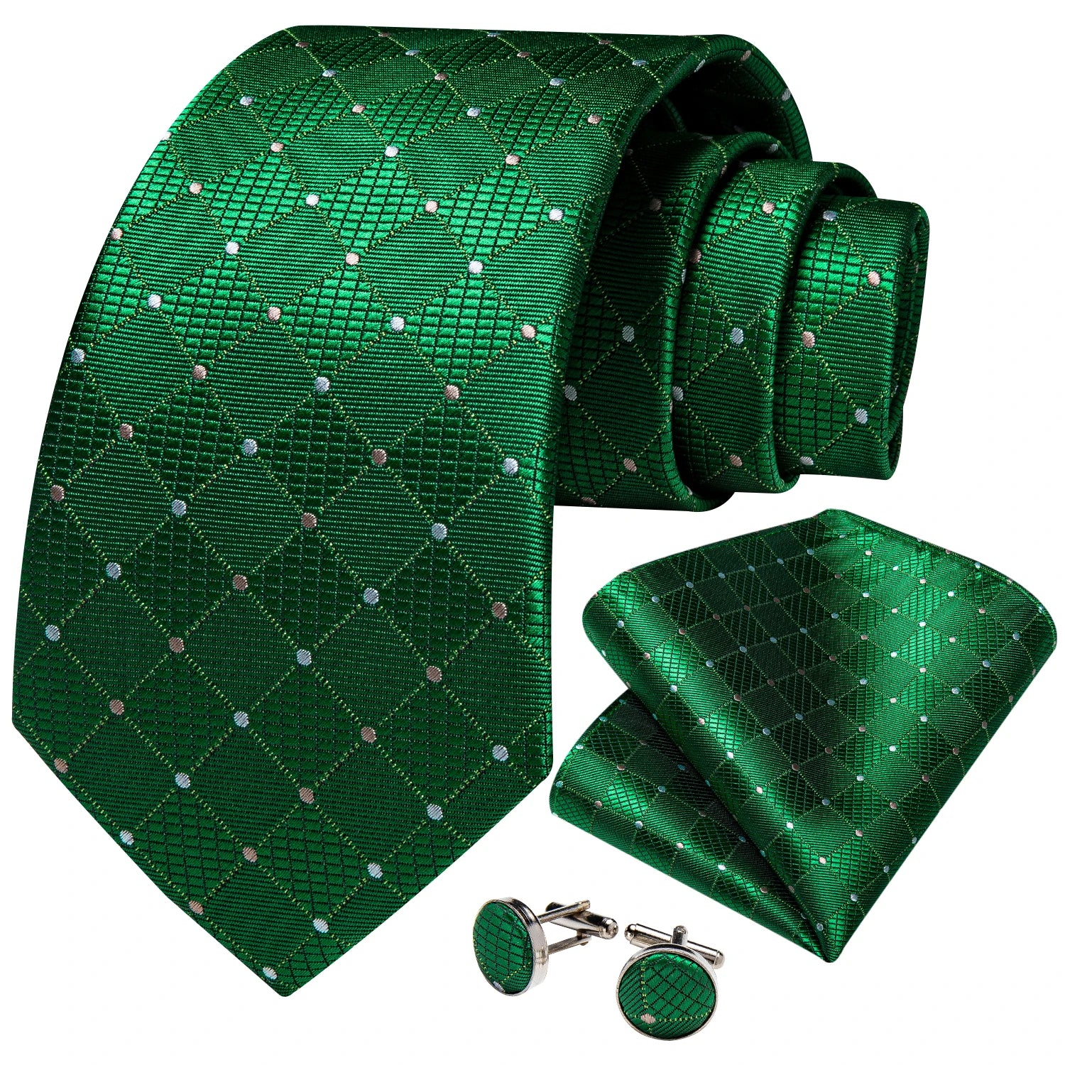 Green Plaid Silk Tie Set with Pocket Square, Cufflinks, Brooch & Ring for Men