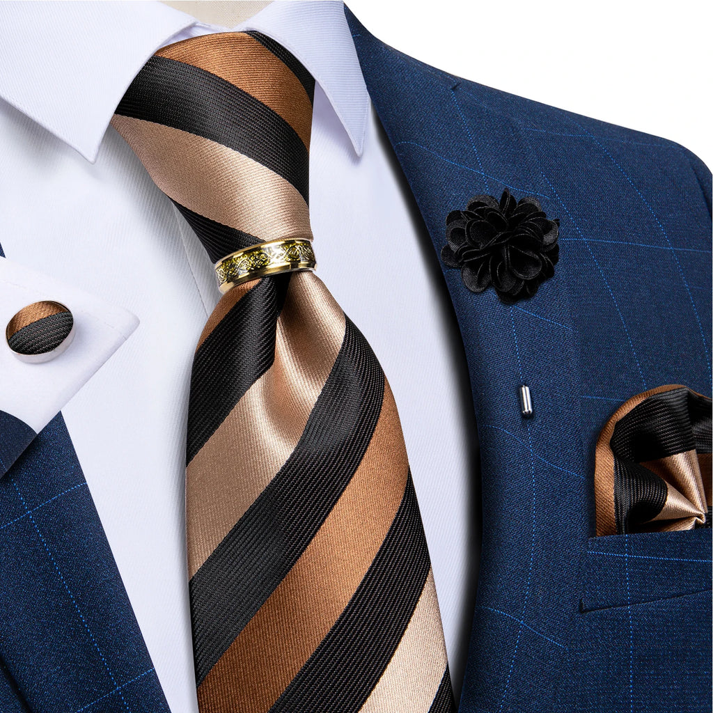 Green Plaid Silk Tie Set with Pocket Square, Cufflinks, Brooch & Ring for Men