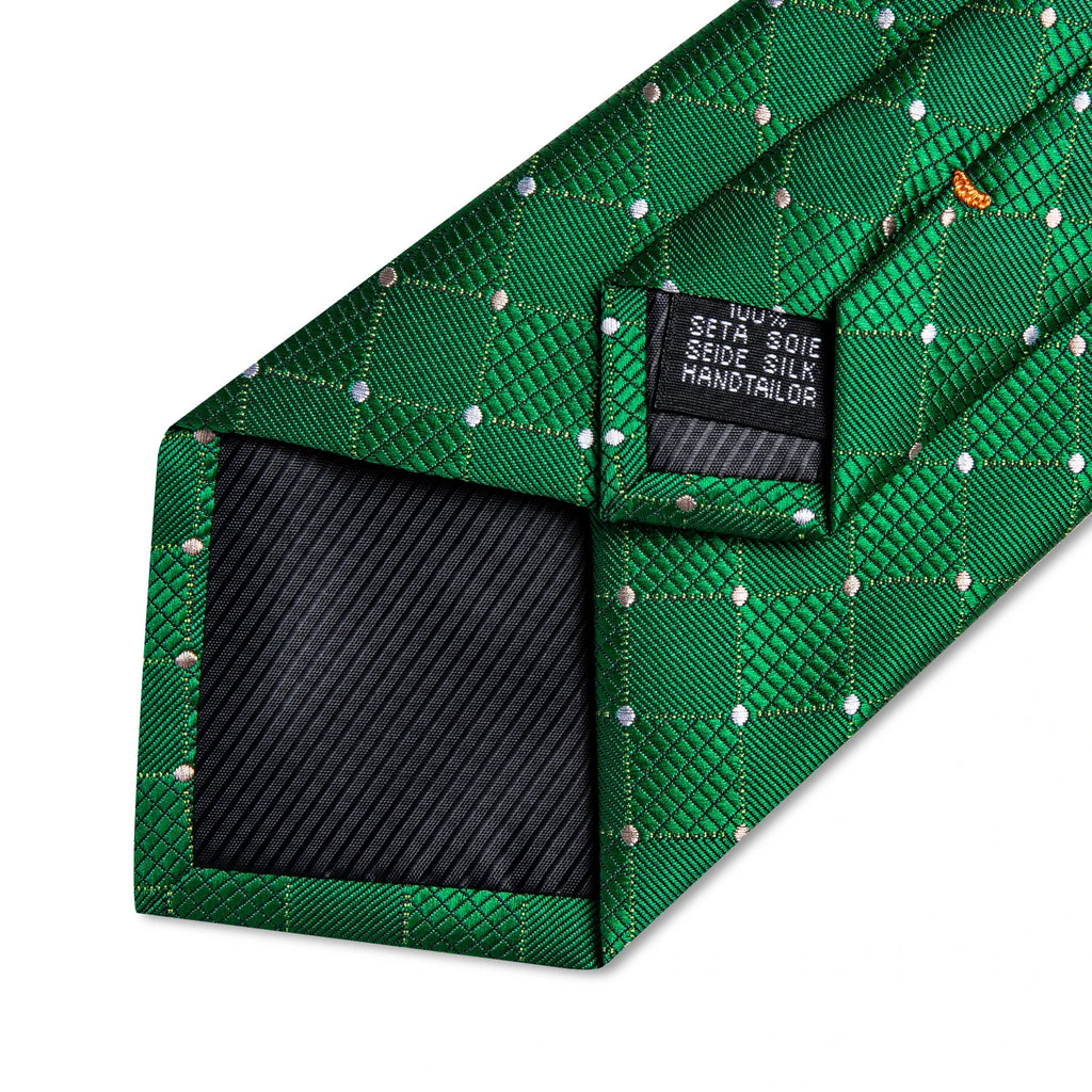 Green Plaid Silk Tie Set with Pocket Square, Cufflinks, Brooch & Ring for Men