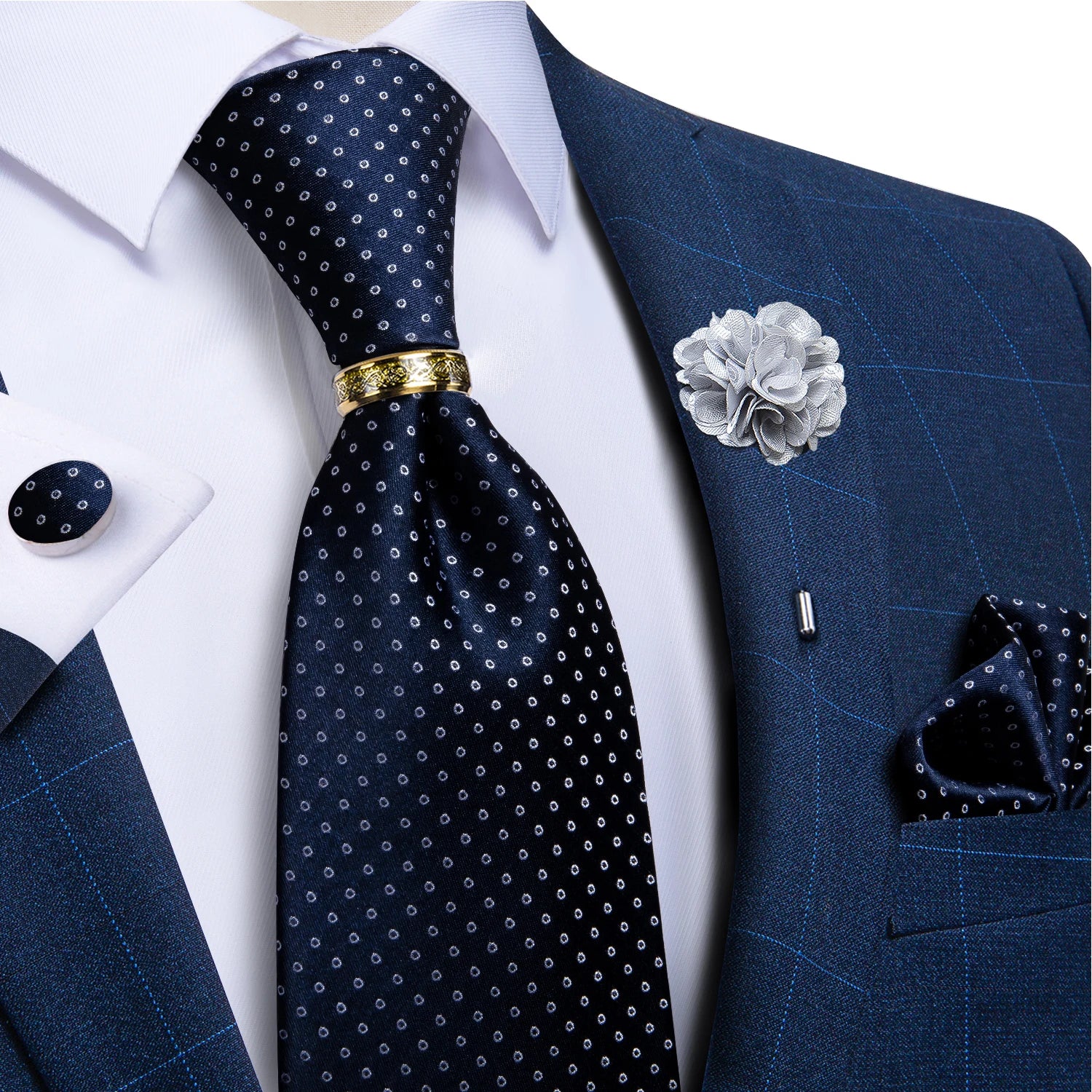 Green Plaid Silk Tie Set with Pocket Square, Cufflinks, Brooch & Ring for Men