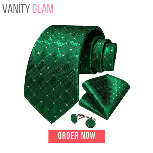 Green Plaid Silk Tie Set with Pocket Square, Cufflinks, Brooch & Ring for Men Vanity Glam