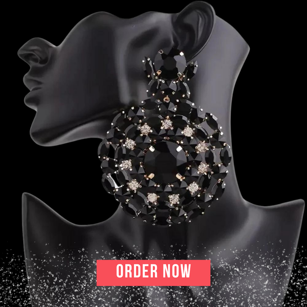 Black Round Rhinestone Shiny Earrings