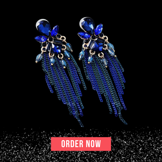Blue Crystal Metal Tassel Drop Earrings