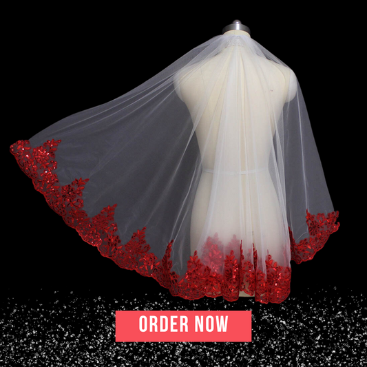 Bling Sequins Red Lace Veil