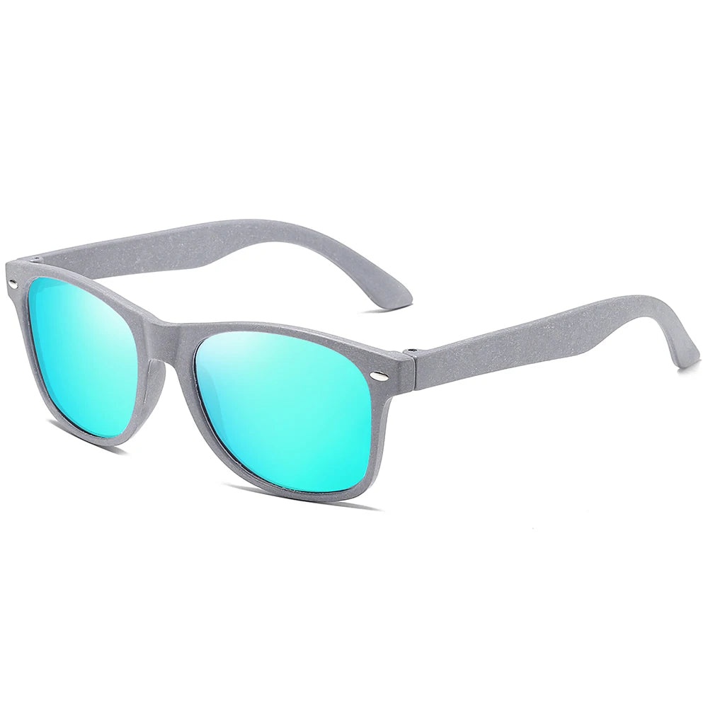 Sunglasses with gray frame and blue-tinted lenses on a white background