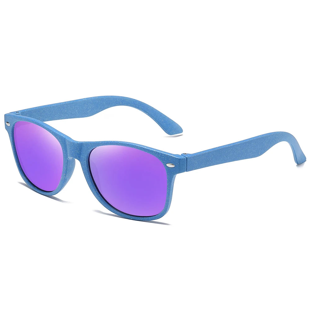 Blue sunglasses with purple lenses on a white background