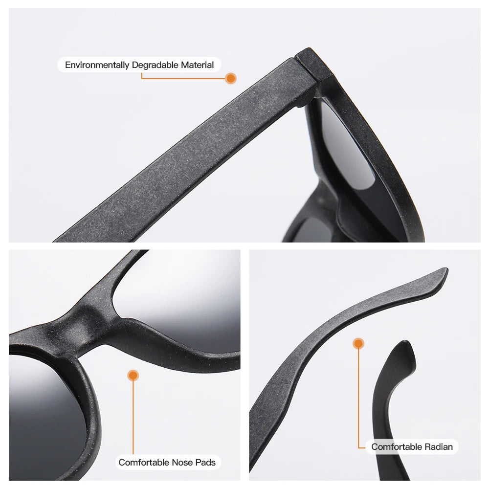 Sunglasses with environmentally degradable material, comfortable nose pads, and radian design on a white background.