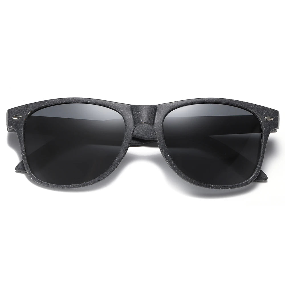 Black sunglasses with reflective lenses on a white background