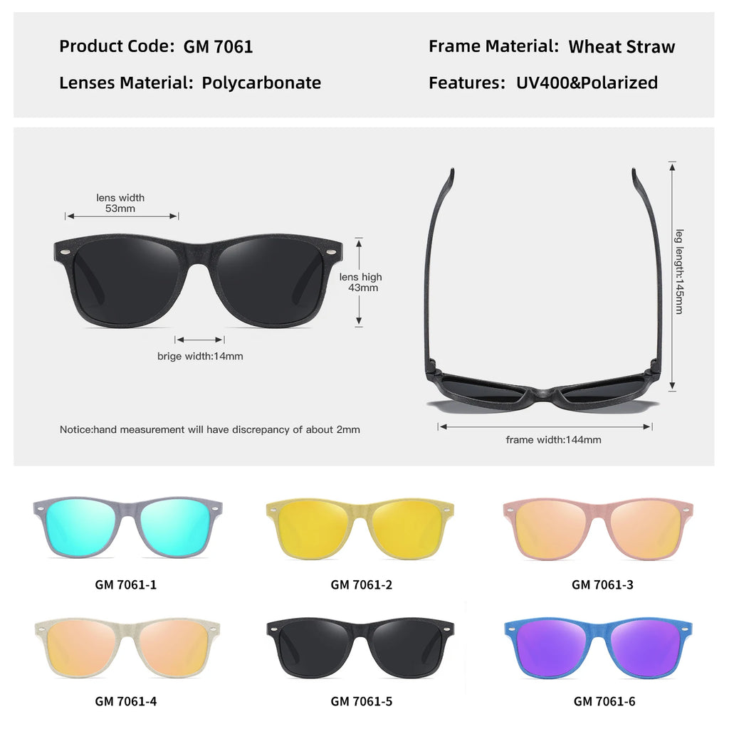 Sunglasses with specifications and color options on a white background