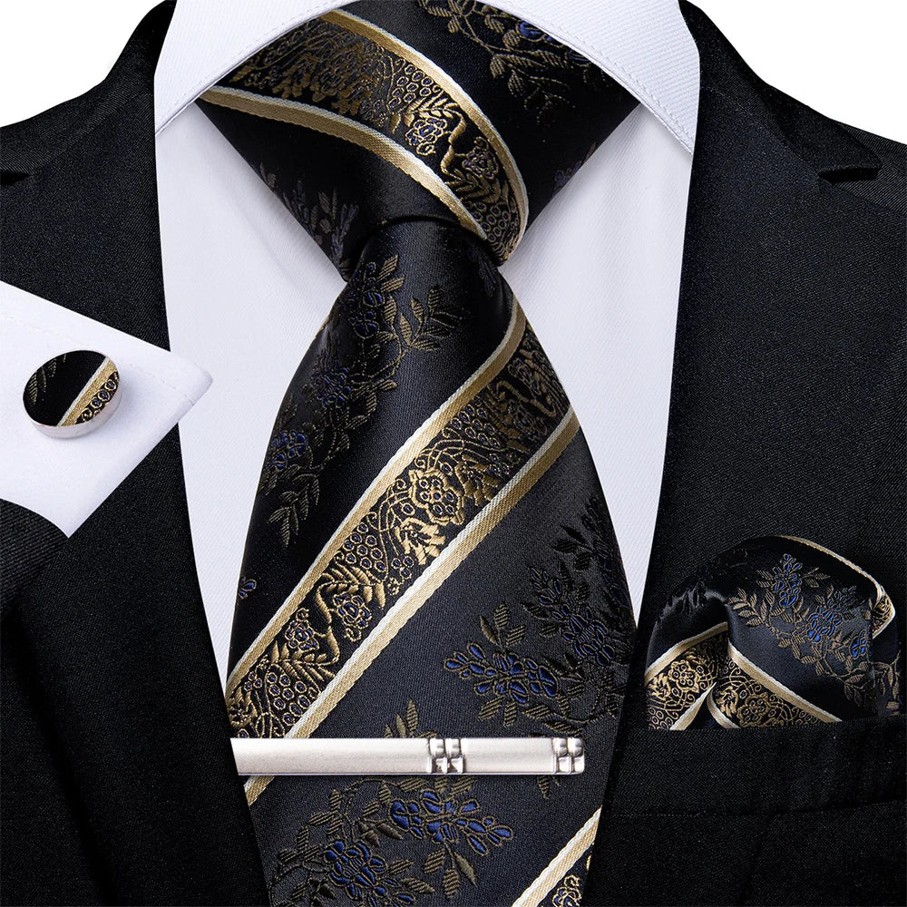 Luxury Retro Striped Floral Tie Set for Men with Clip, Cufflinks & Handkerchief Set