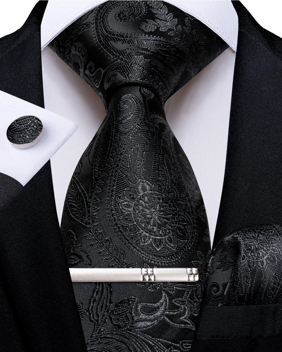 Luxury Retro Striped Floral Tie Set for Men with Clip, Cufflinks & Handkerchief