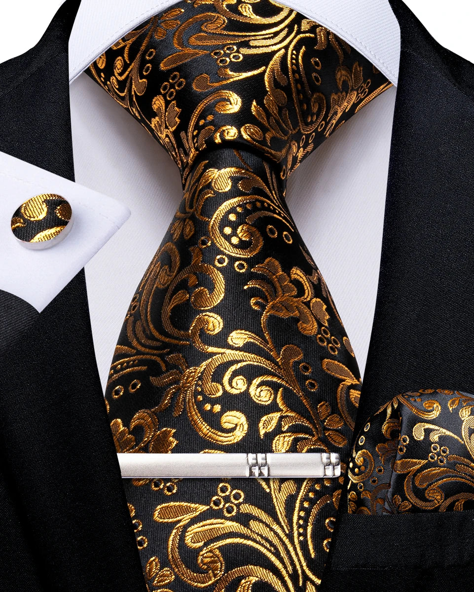 Luxury Retro Striped Floral Tie Set for Men with Clip, Cufflinks & Handkerchief