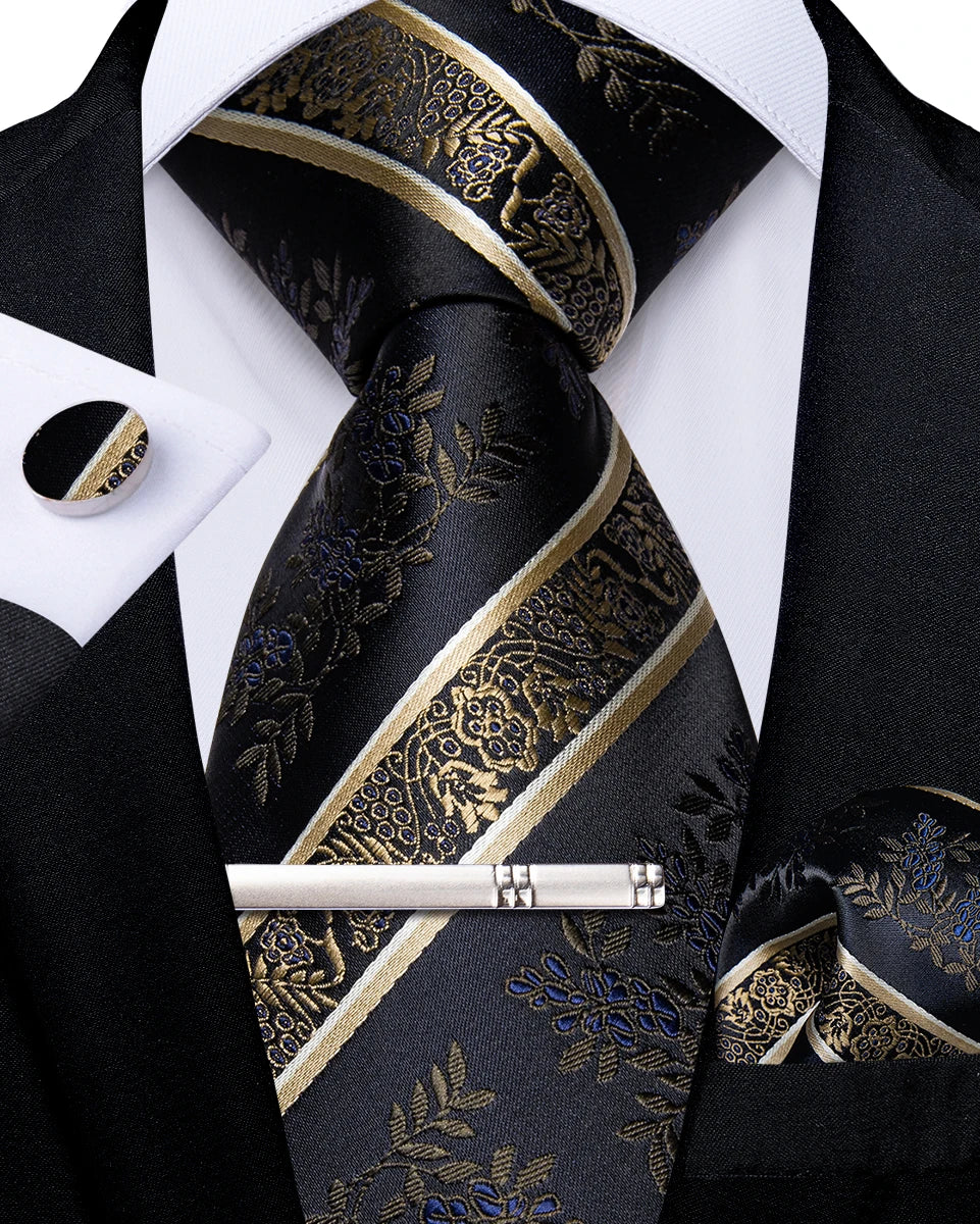 Luxury Retro Striped Floral Tie Set for Men with Clip, Cufflinks & Handkerchief