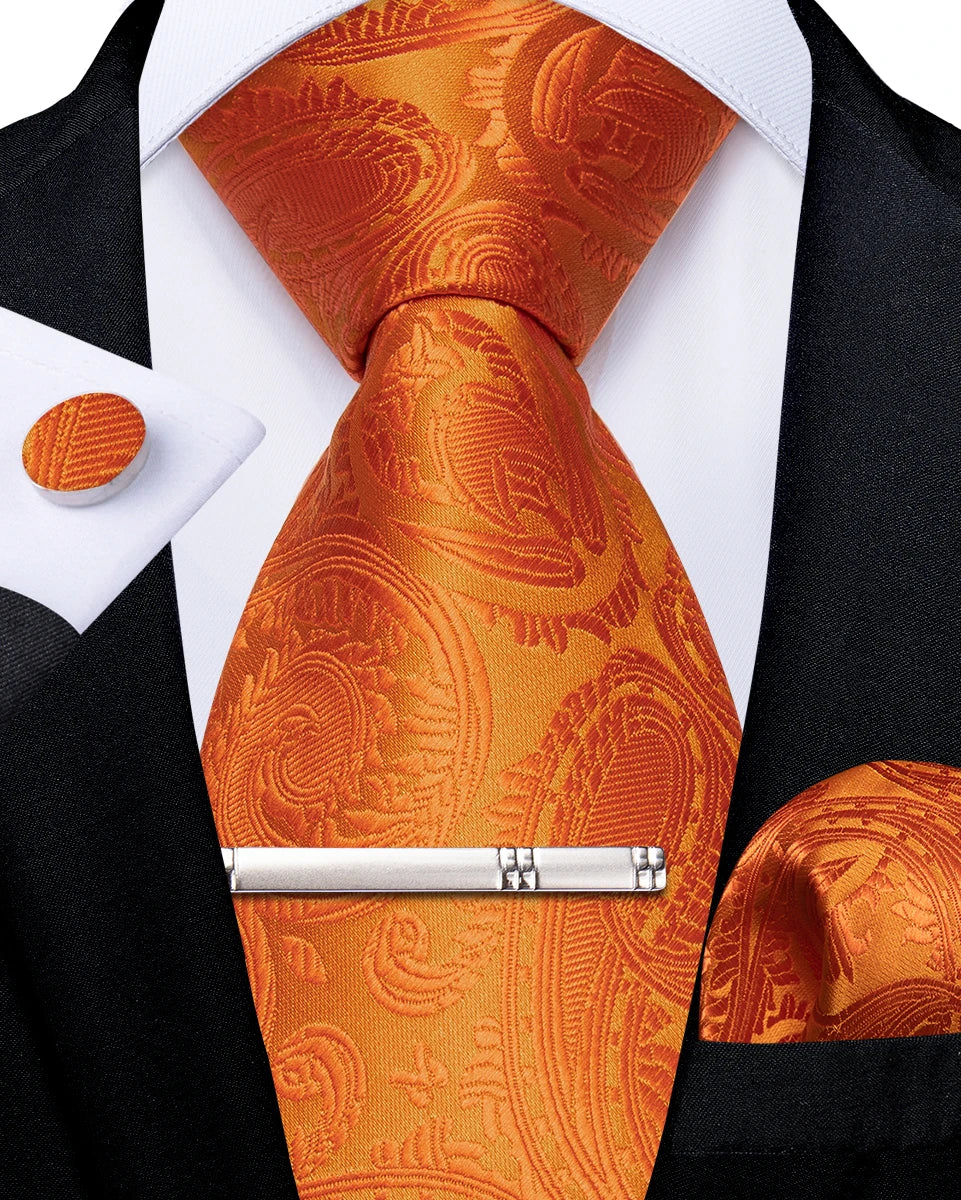 Luxury Retro Striped Floral Tie Set for Men with Clip, Cufflinks & Handkerchief