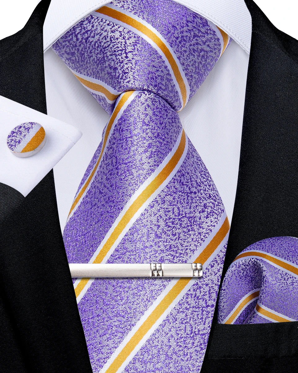 Luxury Retro Striped Floral Tie Set for Men with Clip, Cufflinks & Handkerchief