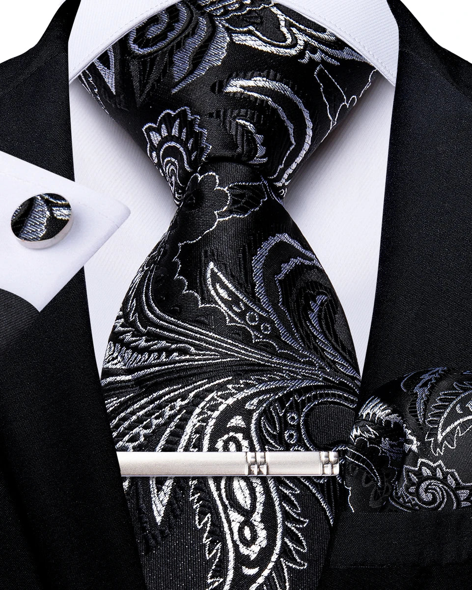 Luxury Retro Striped Floral Tie Set for Men with Clip, Cufflinks & Handkerchief