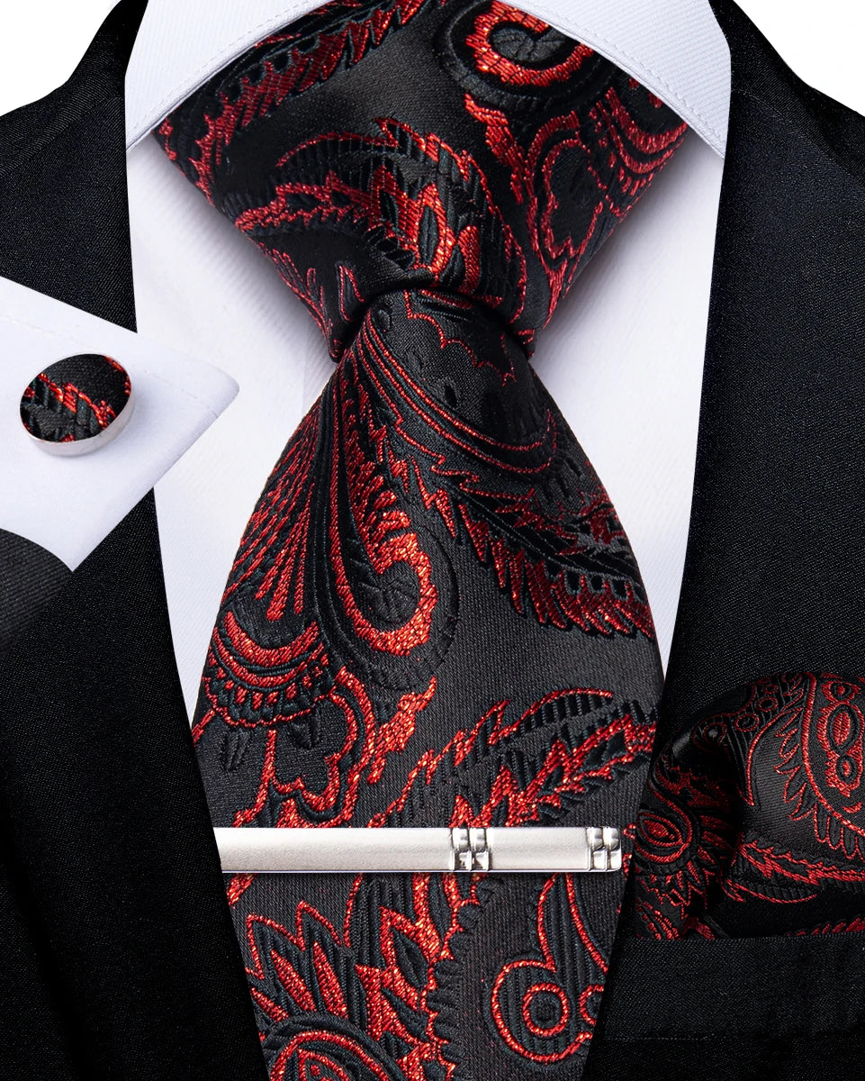 Luxury Retro Striped Floral Tie Set for Men with Clip, Cufflinks & Handkerchief