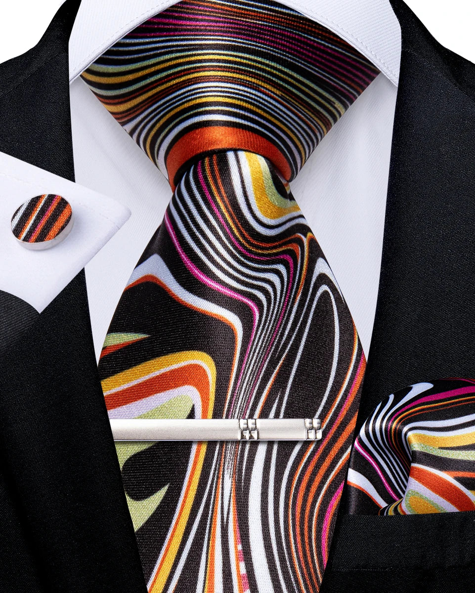 Luxury Retro Striped Floral Tie Set for Men with Clip, Cufflinks & Handkerchief