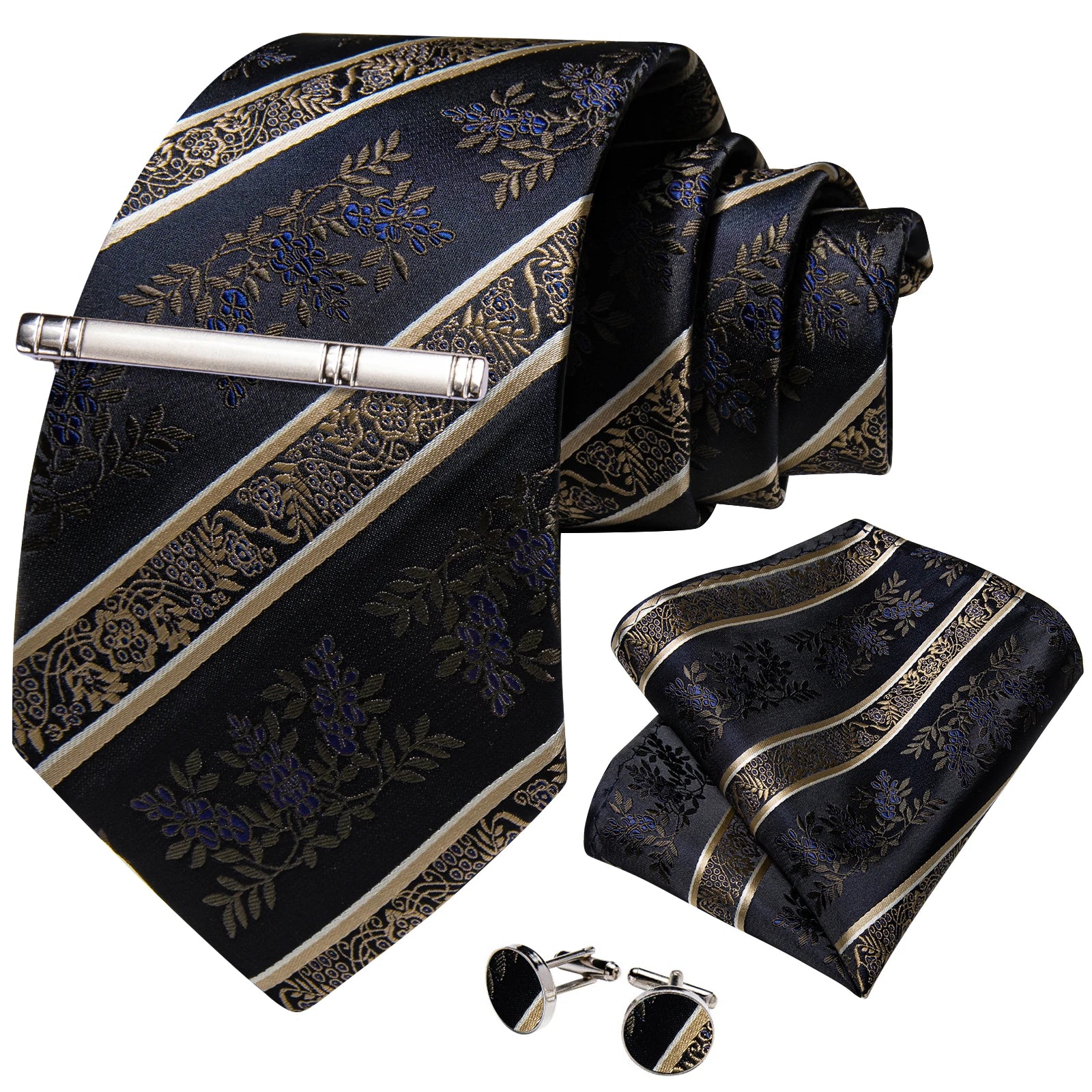 Luxury Retro Striped Floral Tie Set for Men with Clip, Cufflinks & Handkerchief