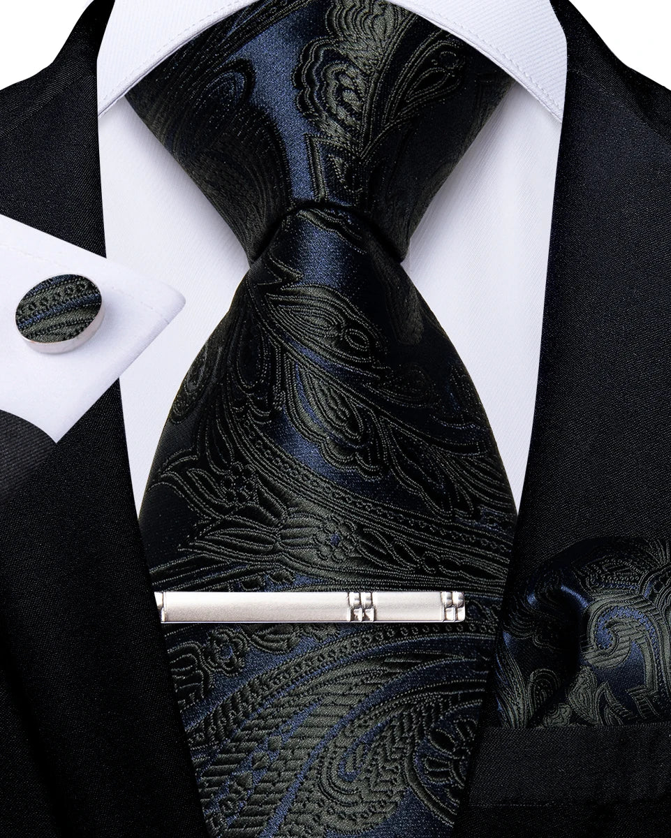 Luxury Retro Striped Floral Tie Set for Men with Clip, Cufflinks & Handkerchief